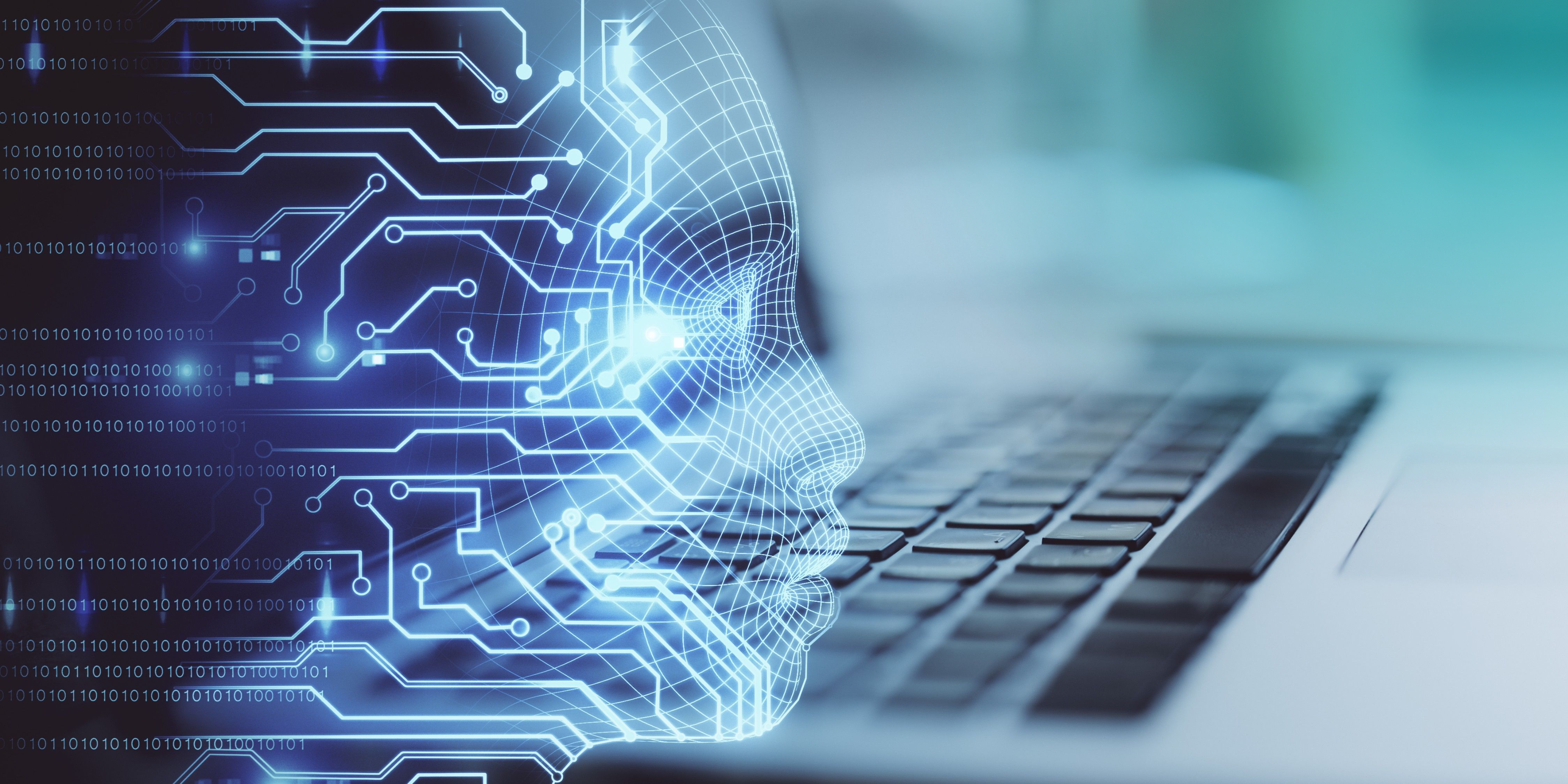 Side View And Close Up Of Laptop With Glowing Circuit Head Outline. Ai And Machine Learning